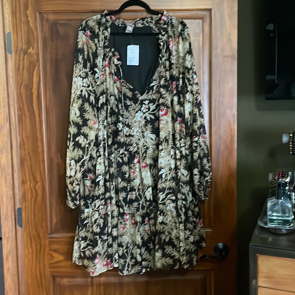 H&M Black Floral Mini Dress with Cream and Pink Prints